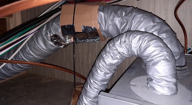 Image of RV furnace duct now less restrictive. Airflow is faster and less turbulent.