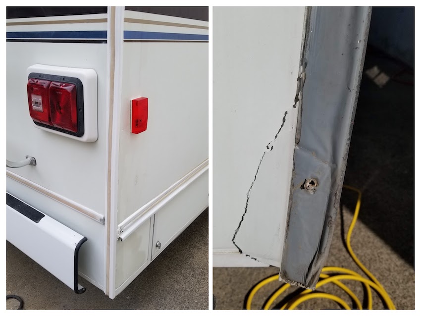 After and before shot of RV collision repair. Photo shows torn Filon and the final result fully repaired and matched colored Gelcoat
